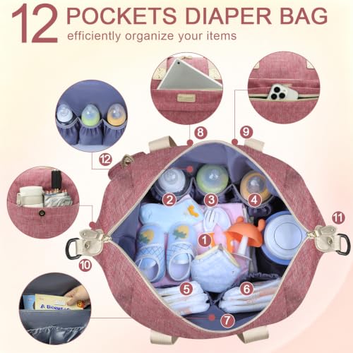 Pritent Diaper Bag Tote Waterproof Maternity Baby Bags with Pacifier Case - color: Red, size: Large