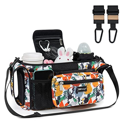 TOPDesign Universal Baby Stroller Organizer, Stroller Caddy with Heightened Insulated Cup Holders & Non-Slip Secure Hooks Accessories, Fits Most Strollers, Machine Washable (Zoo) - color: Zoo, style: Basic