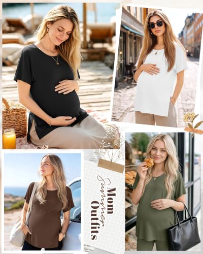 4 Pack Women Maternity T-Shirts Pregnancy Tops - color: Army Green, Brown, White, Black, size: Large