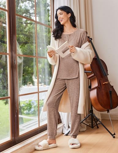 Ekouaer Womens Pajama Sets Long Sleeve Henley Neck Pj Sets Loungewear 2pcs - color: Brown, size: Small