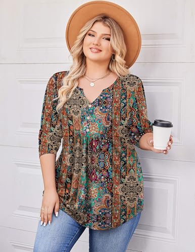 IN'VOLAND Womens Plus Size Long Sleeve Shirts Fall Tunic Top V Neck Shirt - color: Boho-mz721, size: 1X