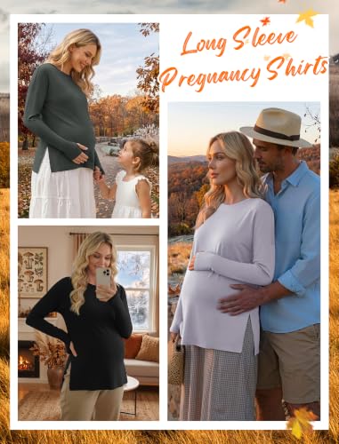 3 Pack Women Maternity Shirts Long Sleeve Pregnancy Tops with Thumb Hole - color: Light Grey/Black/Deep Army Green, size: Large