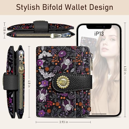 Kelvoris Goth Bats Spiders Web Small Rfid Women Wallet Zipper Coin Pocket - color: Bats and Spiders