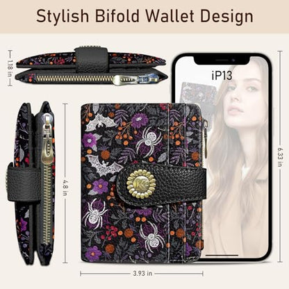 Kelvoris Goth Bats Spiders Web Small Rfid Women Wallet Zipper Coin Pocket - color: Bats and Spiders