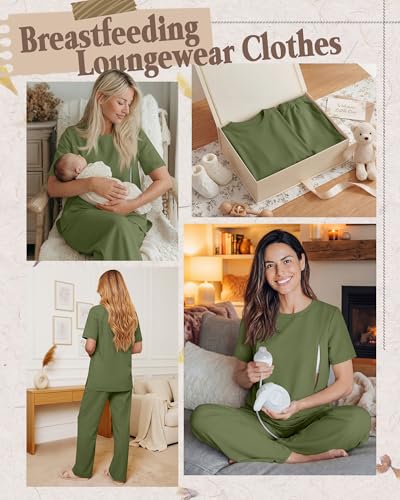 2Pc Postpartum Nursing Pajamas Set - color: Army Green, size: Small