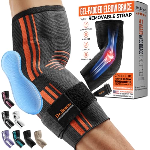 DR. BRACE® Elite Elbow Brace Support, Breathable Elbow Compression Sleeve with Gel Pad for Golfer's, Tennis Elbow & Tendonitis Treatment & Pain Relief - color: Grey-Orange, size: Large