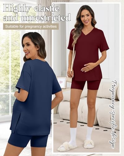 2 Pack Women Maternity Set Pregnancy Outfit - color: Navy Blue, Wine Red, size: XX-Large