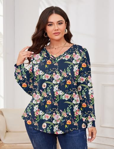 TFSDOD Plus Size Tops for Women Long Sleeve V Neck Shirts Dressy Casual Blouse Loose Fit Basic Tee Tshirt(1X-5X) - color: Nbf, size: 4X-Large Plus