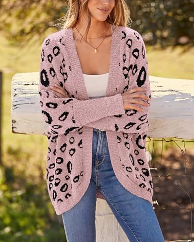 BTFBM Leopard Cardigan for Women Knit Fall Fashion Clothes - color: Pink, size: Medium