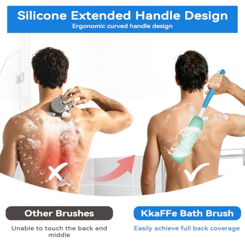 Back Scrubber for Shower,15.35"Curved Body Brush with Anti Slip Long Handle - size: Blue+Green Handle (Medium)