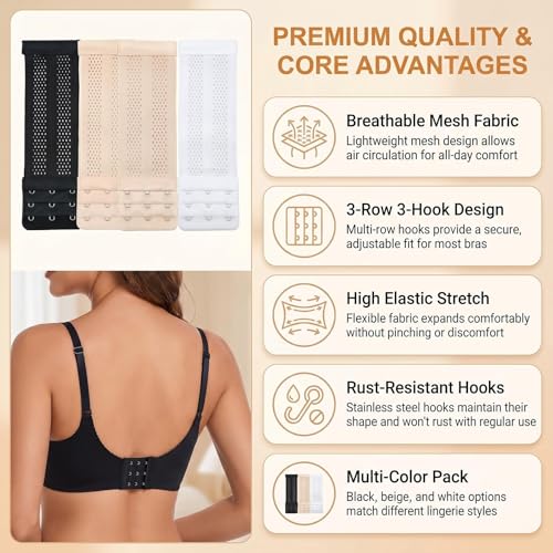 3Pcs Elastic Bra Extenders, 3Hooks 3Rows Mesh Bra Extension Straps