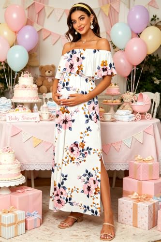Off Shoulder Ruffle Sleeve Maternity Maxi Dress Side Slit - color: White Floral-hx131, size: Large