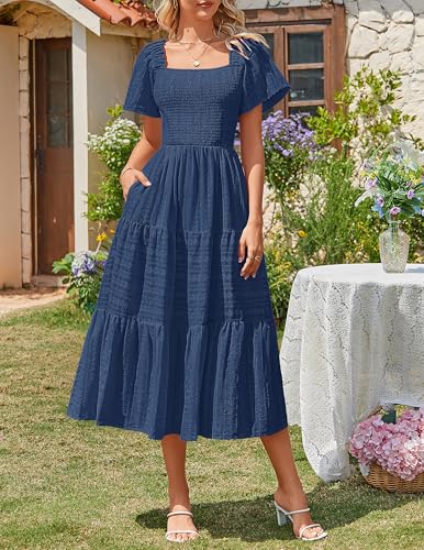 MEROKEETY Womens Summer Midi Dress Short Sleeve Square Neck Boho Long Dress - color: Navy, size: Small