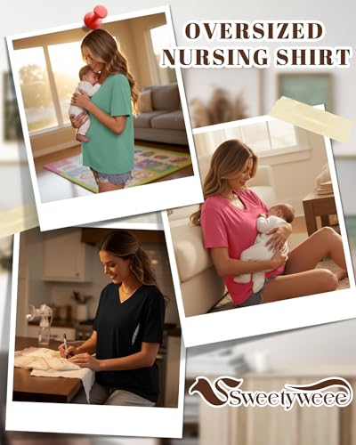 3 Pack Women's Oversize Nursing Shirts - color: Light Green, Brick Red, Black, size: Medium
