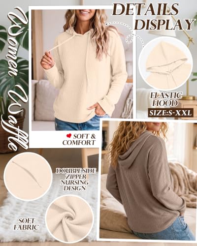 Ficerd 2 Pack Women's Nursing Waffle Hoodies Breastfeeding Tops - color: Cream, Coffee, size: X-Large