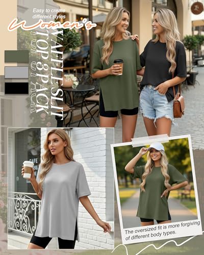 3 Pack Womens Oversized Waffle Knit Tops - color: Black, Light Gray, Olive Green, size: XX-Large