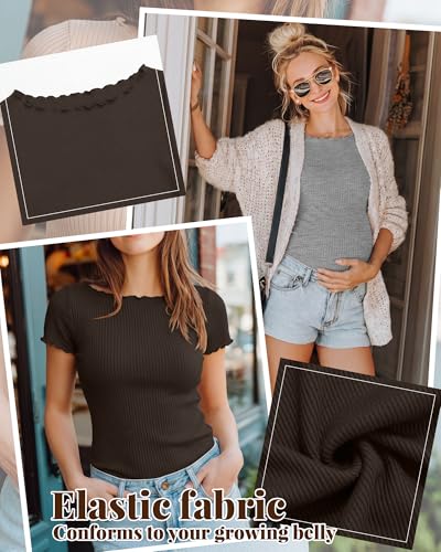 4 Pack Women's Maternity Ribbed Shirts - color: Black, Light Heather Gray, White, Brown, size: Large