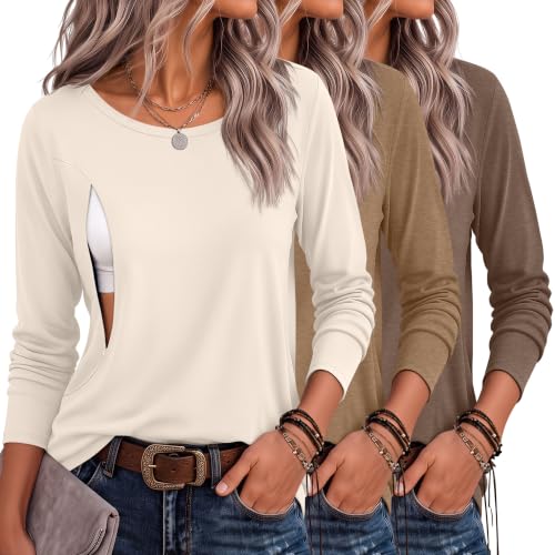 Huukeay 3 Pack Womens Nursing Tops Breastfeeding Shirts Zipper - color: Cream, Camel, Brown, size: Small