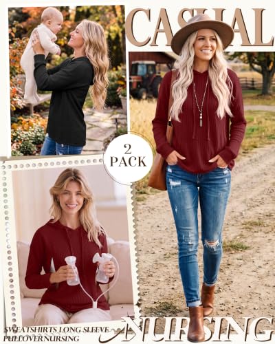 Ficerd 2 Pack Women‘s Nursing Waffle Hoodies with Hidden Zipper - color: Wine Red, Black, size: X-Large