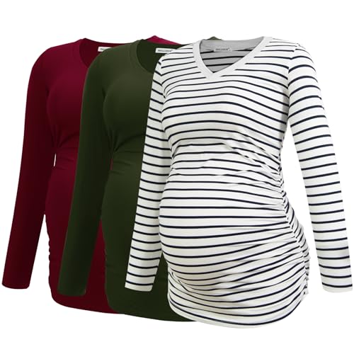 Smallshow Women's V-Neck Maternity Shirt Clothes Long Sleeve Ruched Pregnancy Top - color: Army Green-wine-white Stripe(3 Pack), size: Small