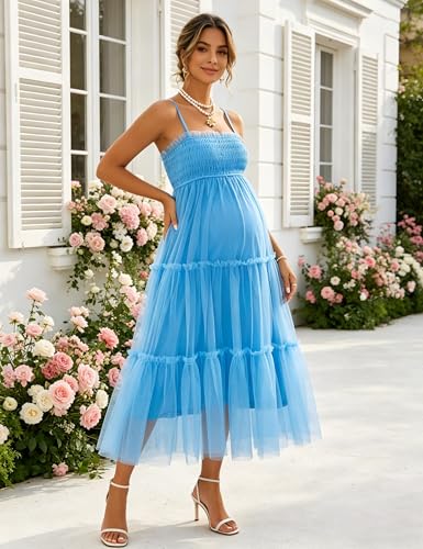 Maternity Midi Dress Spaghetti Strap Smocked Tiered Tulle Gown - size: Small
