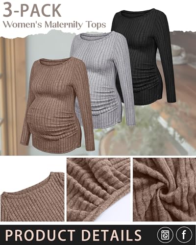 3 Pack Maternity Sweaters Long Sleeve Pregnancy Tops - color: Coffee, Light Gray, Black, size: Small
