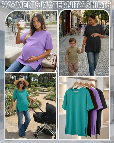 Riyiper 4 Pack Women's Short Sleeve Maternity T Shirts - color: Black, Dark Coffee, Light Purple, Blue Green, size: X-Large