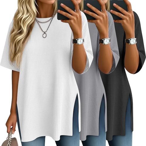 3 Pack Womens Oversized Waffle Knit Tops - color: Black, Gray, White, size: XX-Large