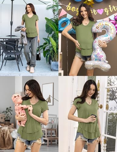 SUNNYBUY 3 PCS Maternity Breastfeeding Pajamas Set with Hidden Nursing Top - color: Army Green, size: Large