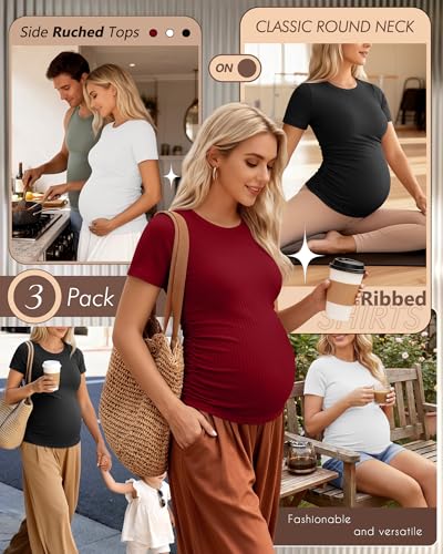 Ficerd 3 Pack Women's Short Sleeve Maternity Shirts - color: Black, White, Burgundy, size: Small