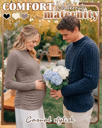 Neer 3 Pack Women's Maternity Mock Turtleneck Long Sleeve Tops - color: Khaki, Apricot, Black, size: Large