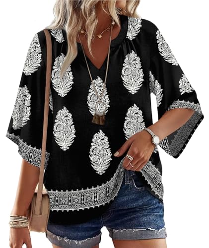 WIHOLL Boho Tops for Women Summer Spring 3/4 Sleeve Dressy Fashion V Neck Casual 2026 Business Beach Plus Size Resort Blouses - color: A-multi Black, size: Medium