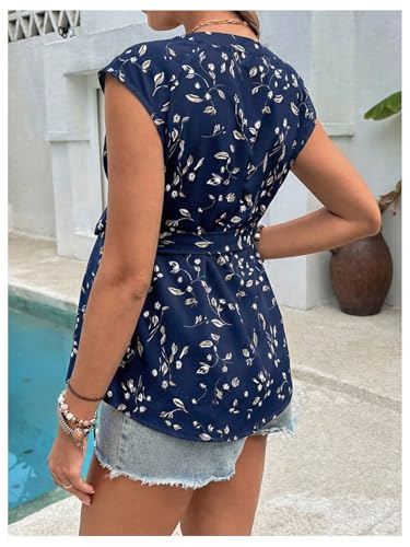 MakeMeChic Women's Maternity Blouse V Neck Cap Sleeve Belted Summer Shirt - color: Blue, size: Small