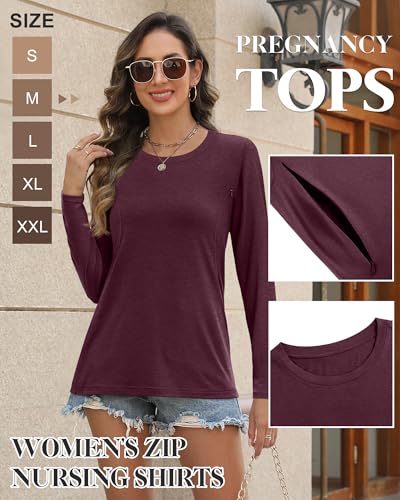 Women's Cotton Modal Maternity Nursing Tops - color: Wine Red, size: X-Large