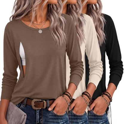 Huukeay 3 Pack Womens Nursing Tops Breastfeeding Shirts Zipper - color: Brown, Apricot, Black, size: Large