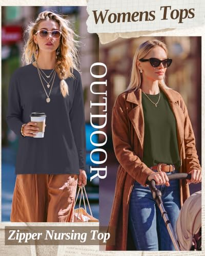 3 Pack Nursing Breastfeeding Tops - color: Army Green, Cement Gray, Black, size: Large