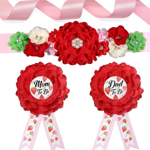 Strawberry Baby Shower Decorations,Mom to Be Sash Dad to Be Corsage Set, Mommy to be Sash Gift for Strawberry Shortcake Baby Shower Decorations - color: Red