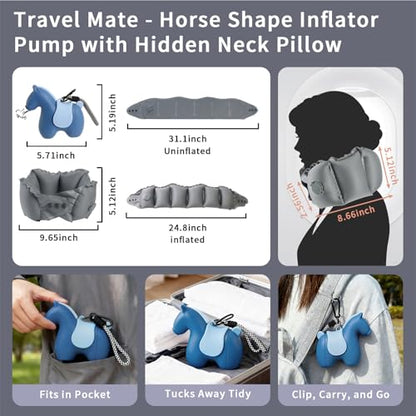 InfInflatable Travel Neck Pillow Built-in Pump & Cute Storage Bag - color: Blue