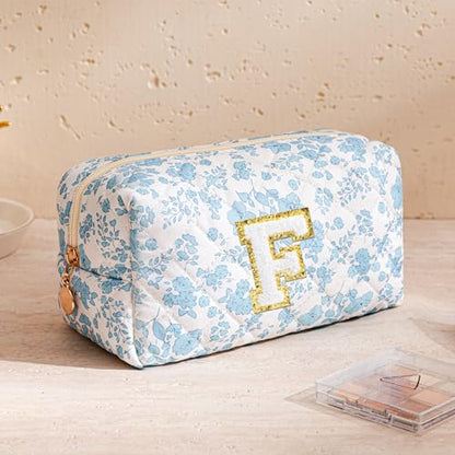HBselect Personalized Makeup Bag for Women Initial Quilted Toiletry Bag - color: Blue Flower, size: F