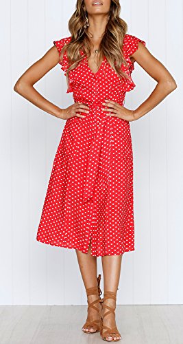 MITILLY Women's Boho Polka Dot Flutter Short Sleeve V Neck Button Down Swing Midi Dress with Pockets - color: 01 Red, size: Large