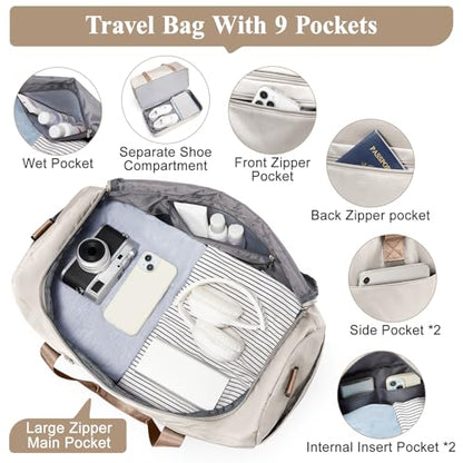 Travel Duffel Bag,Carry-On Overnight Weekender Bags with Shoes Compartment - color: Beige & Brown, size: Small