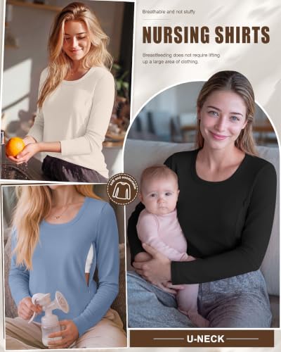 3 Pack Women's Long Sleeve Nursing Tops - color: Light Gray Blue, Cream, Black, size: Small
