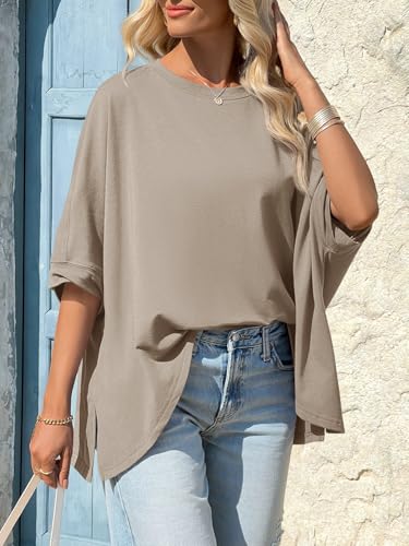 Tankaneo Womens Oversized Tshirts Batwing Short Sleeve Asymmetric Hem Tops - color: Brown, size: Medium