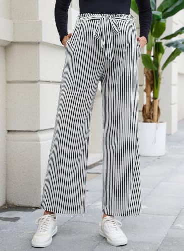BLENCOT Striped Maternity Pants Tie Waist Fall Pregnancy Postpartum Outfits - color: Black, size: Large