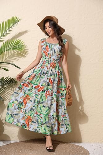 Women's 2026 Summer Boho Floral Print Tiered Casual Flowy Long Maxi Dress - color: Green Leafy Flower, size: Medium