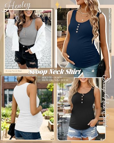 4 Pack Maternity Henley Tank Tops - color: Navy Blue, White, Light Gray, Black, size: XX-Large