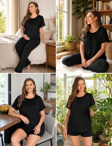 SWOMOG Women 3Pcs Maternity Pajama Set Nursing Pjs Pregnancy Set Breastfeeding Pjs Double Layer with Pockets - color: Black, size: Small