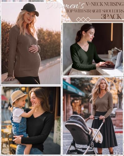 Huukeay 3 Pack Women's Long Sleeve Nursing Breastfeeding Shirts - color: Coffee, Army Green, Black, size: Medium