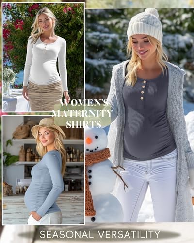4 Pack Maternity Long Sleeve Shirts Pregnancy Tops - color: Black, Dark Gray, White, Gray-blue, size: Medium