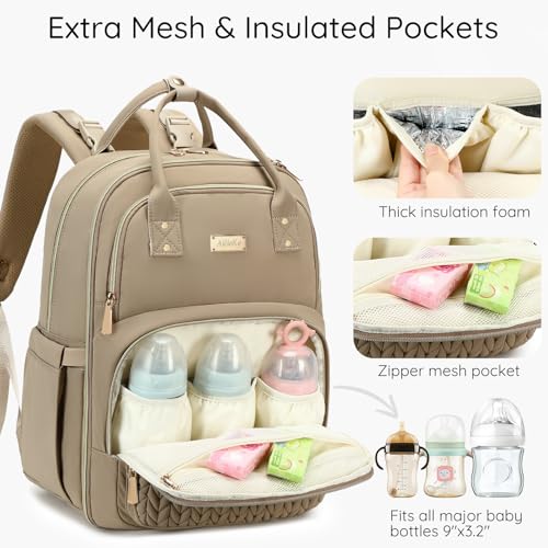 AIJIEKE Diaper Bag Backpack, Large Multi-functional Diaper Backpack, Khaki - color: Brown Taupe